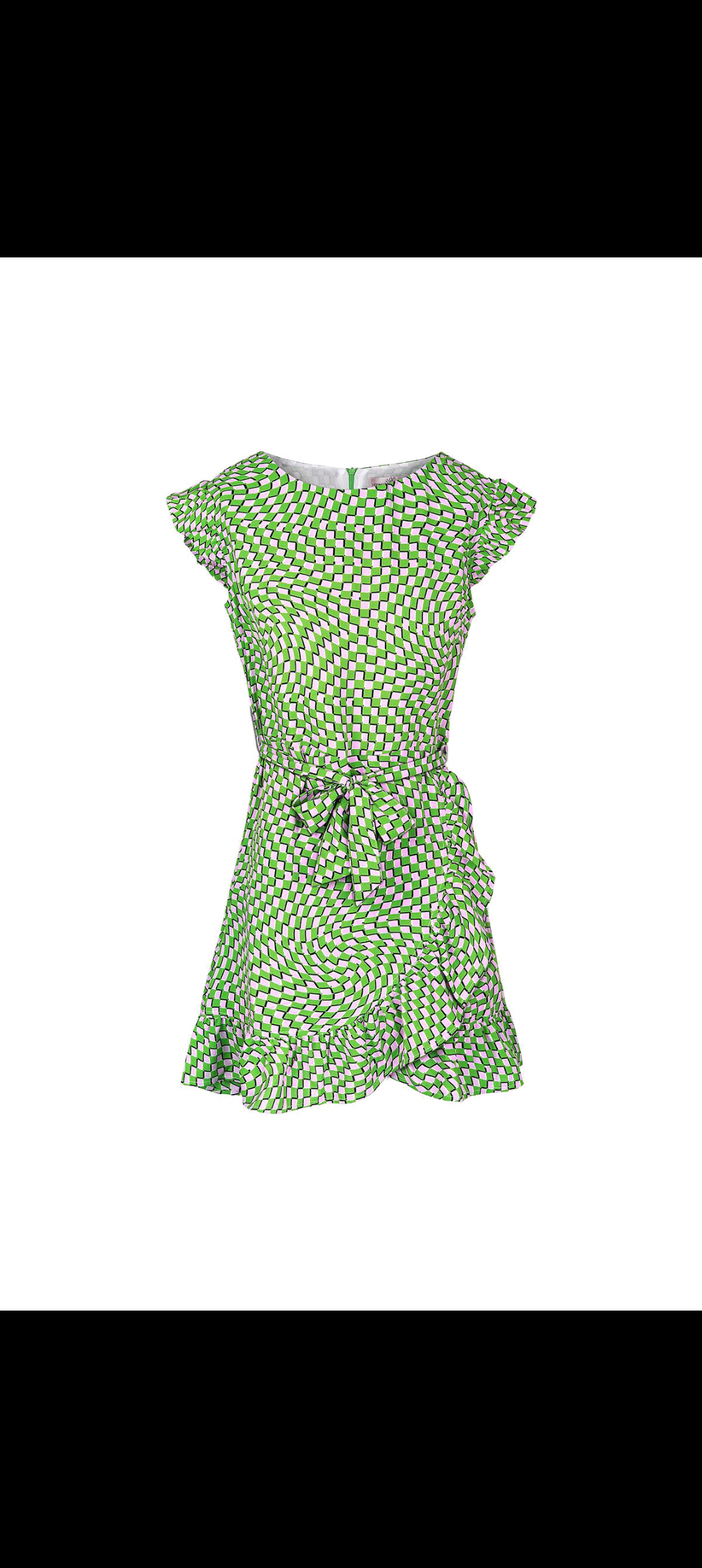 Tilly - Dames mini jurk met korte mouwen en retro print - Groen | Lente & Pastels collectie
