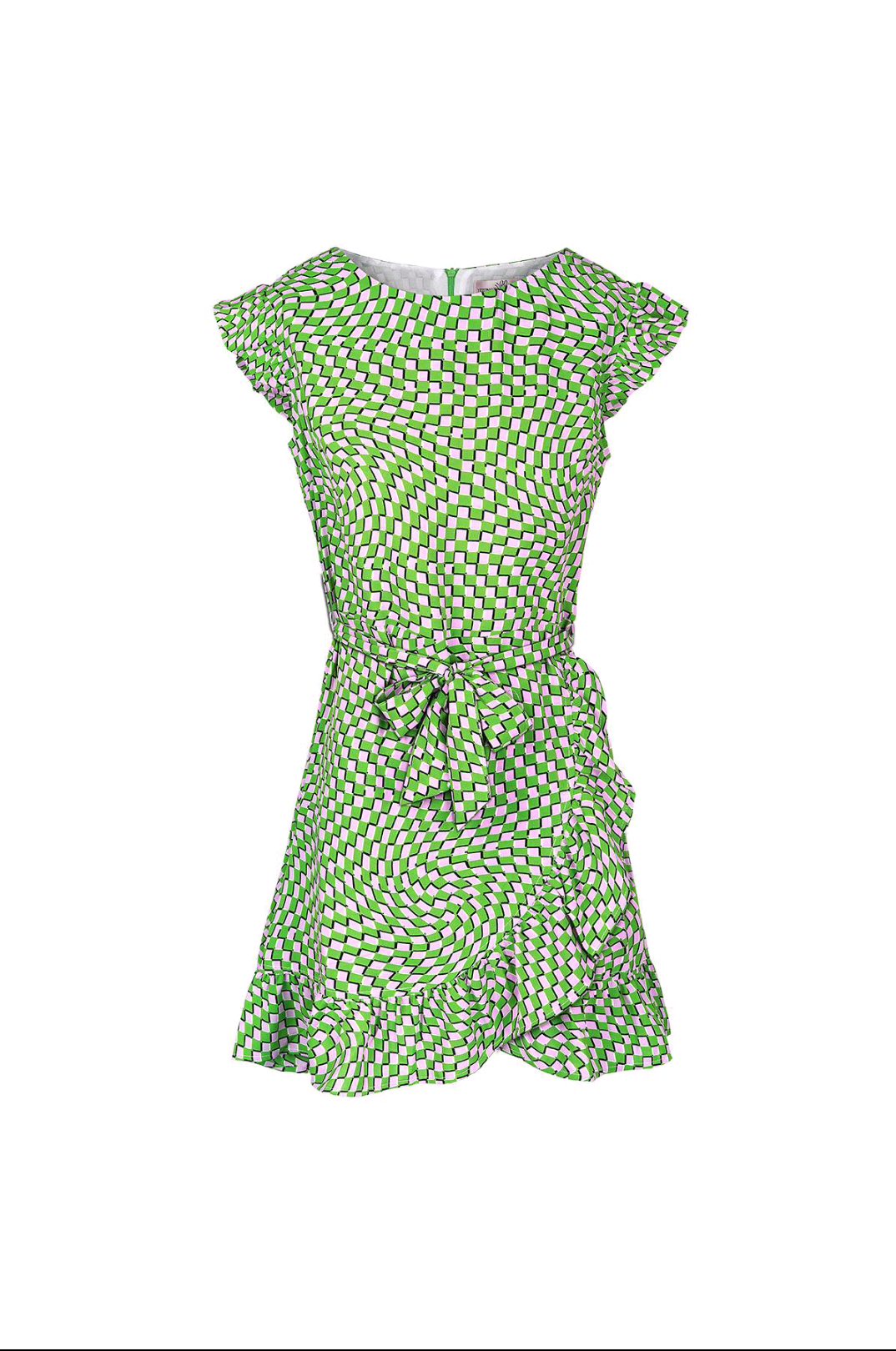Dames mini jurk met korte mouwen en retro print; Tilly - Groen | Lente & Pastels collectie