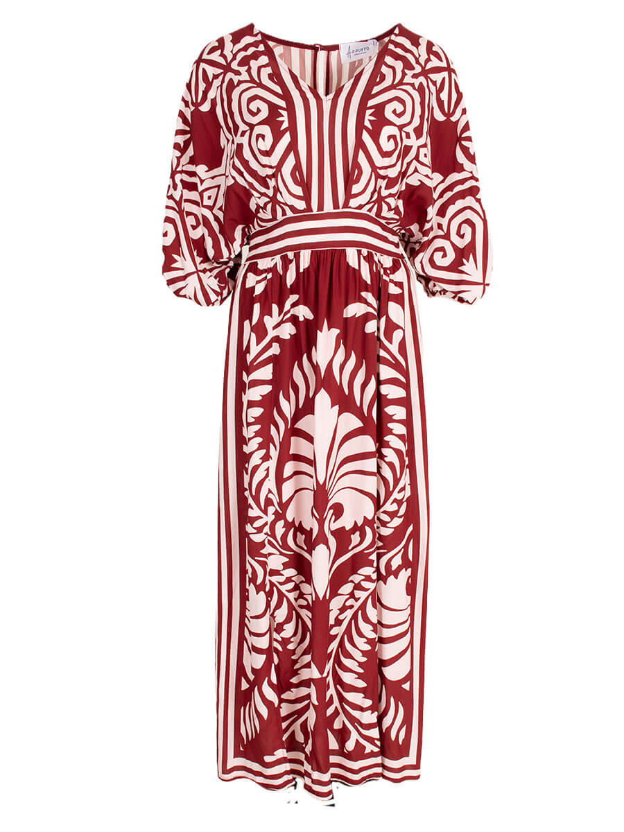 Azzurro jurk; lange viscose jurk met print - Bordeaux/ Beige