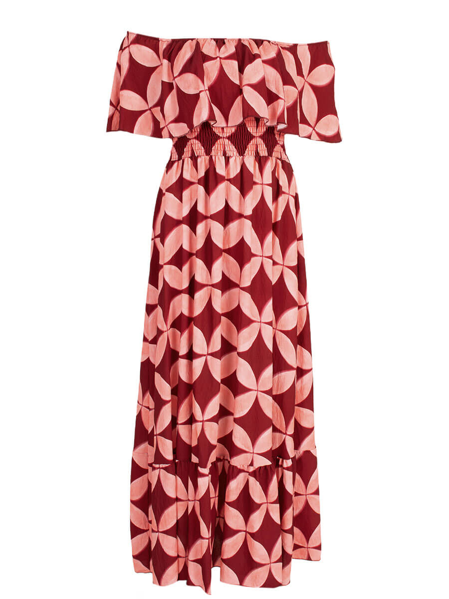 Azzurro jurk; off shoulder maxi jurk met print - Bordeaux/ Roze