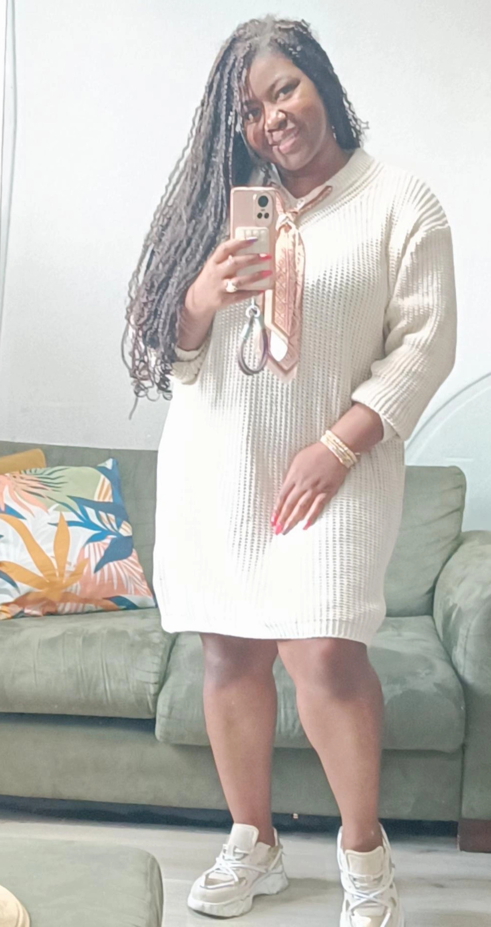 Gebreide midi jurk met sjaal detail; grote maten/ oversized - Beige
