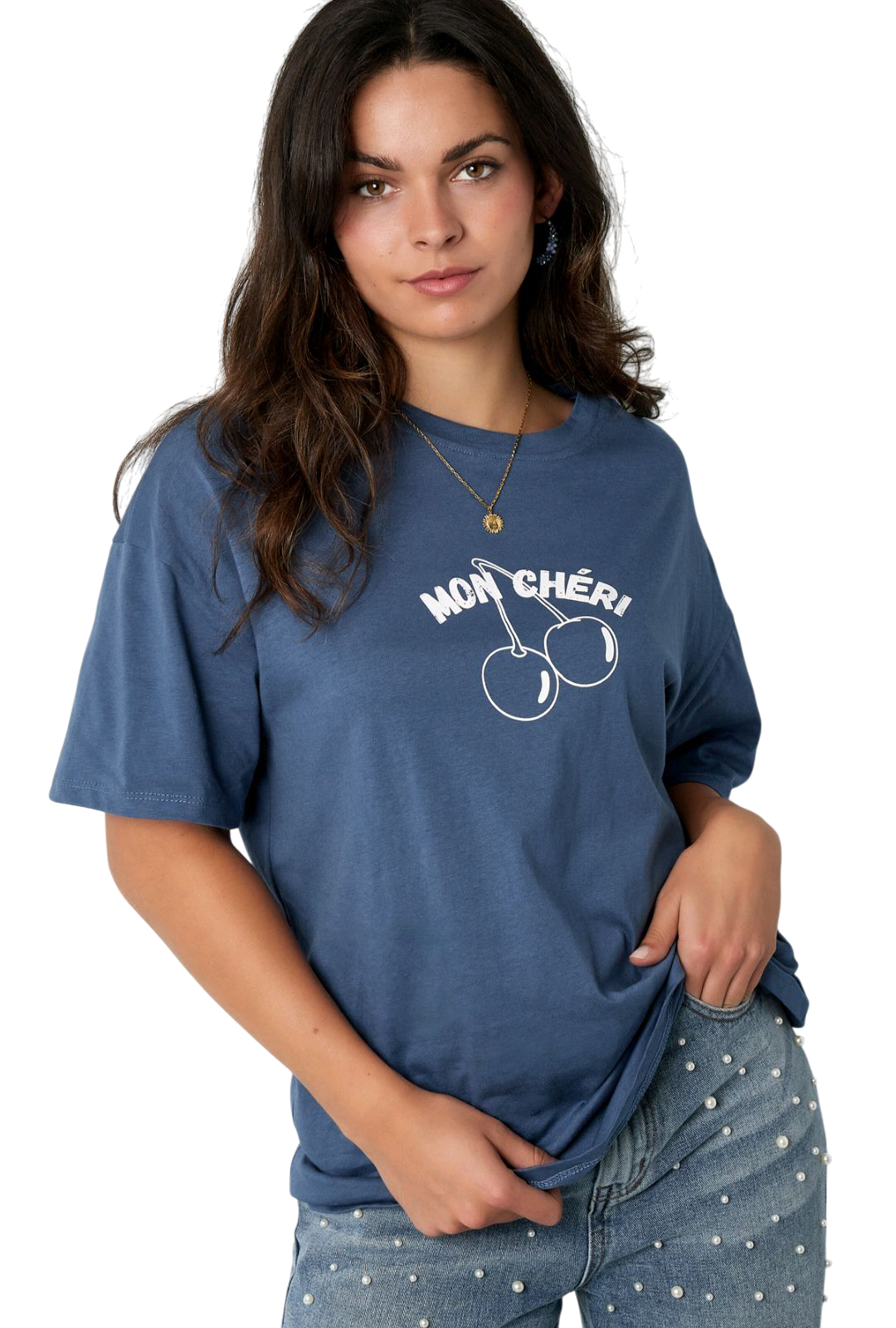 Gimme blauw dames t-shirt met witte opdruk tekst; 'Mon cheri' - Blauw/Wit | Tee Time collectie