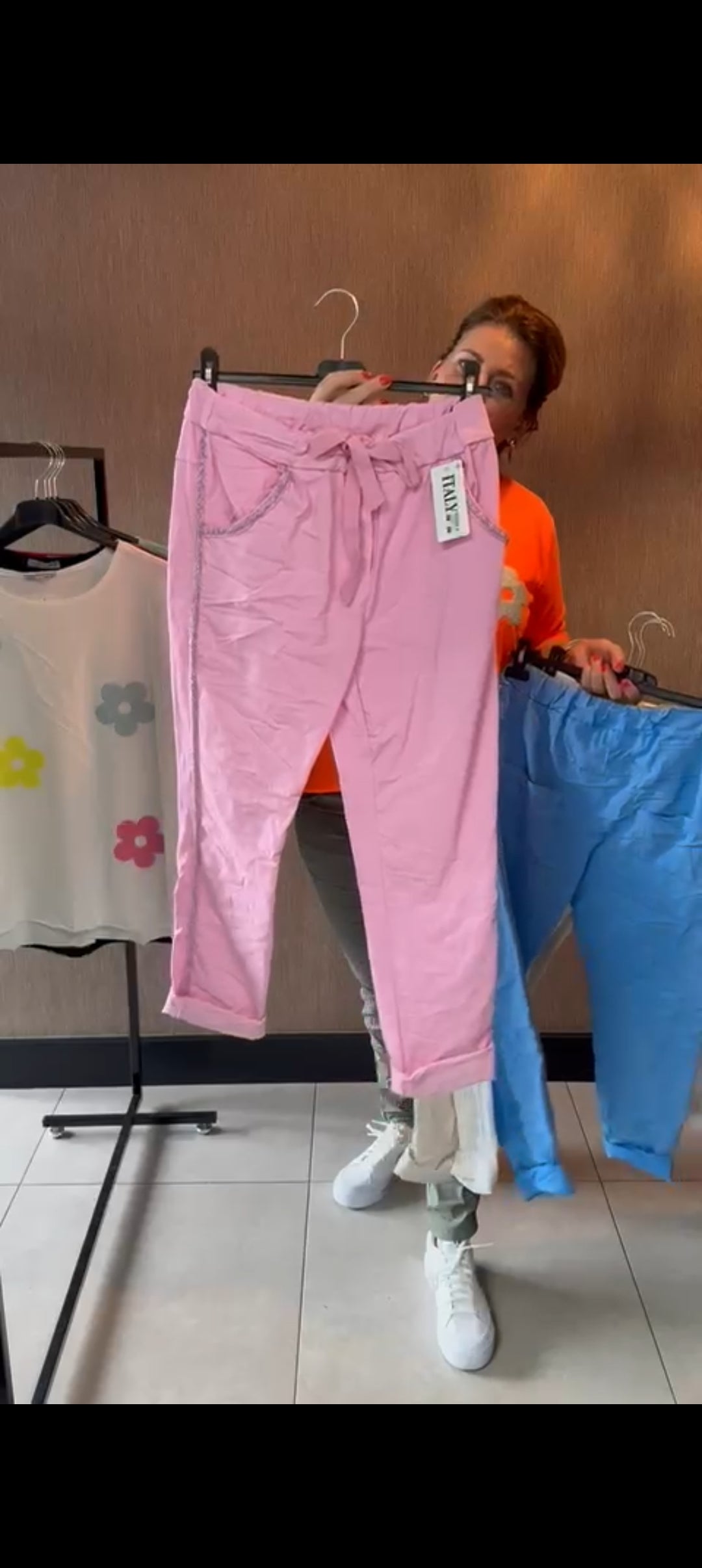 Dames stretch broek met zilveren bies - Lichtroze | Lente & Pastels collectie