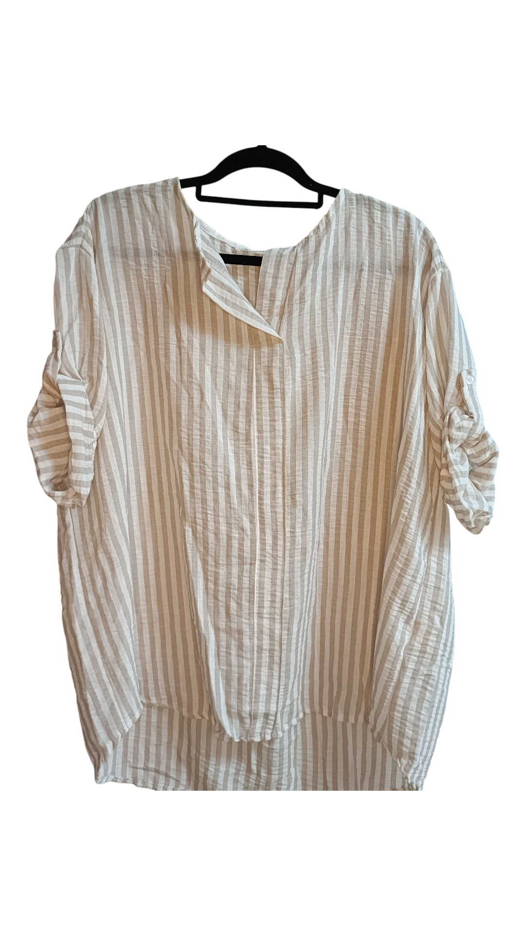 Gestreepte top dames met v-hals - Beige/Wit | Tee Time collectie