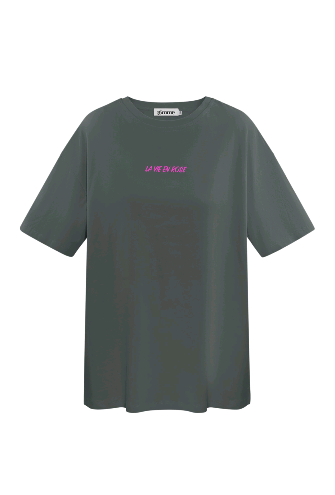 Gimme grijs dames t-shirt met roze tekst op de rug; 'La Vie en Rose' - Grijs/Roze | Tee Time collectie