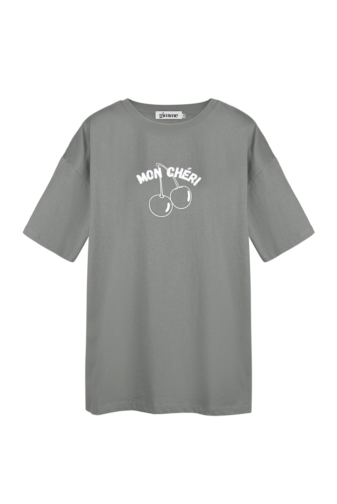 Gimme grijs dames t-shirt met witte opdruk tekst; 'Mon cheri' - Grijs/Wit | Tee Time collectie