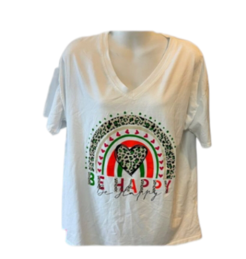 Be Happy - Wit dames t-shirt met kleurrijke print en hartjes | Selflove collectie