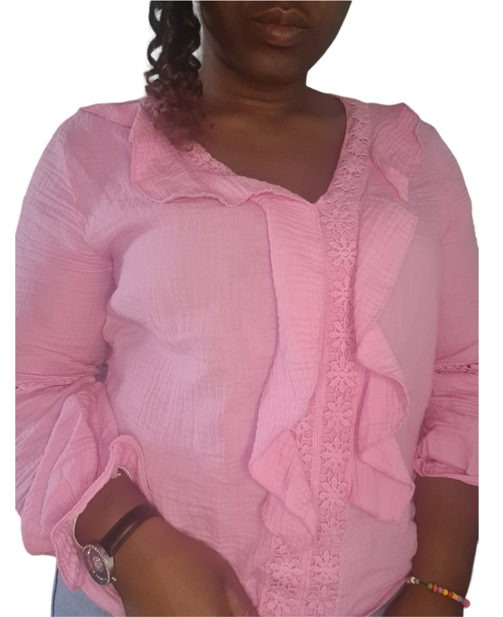 Carolina; Dames top van wafelstof - Roze