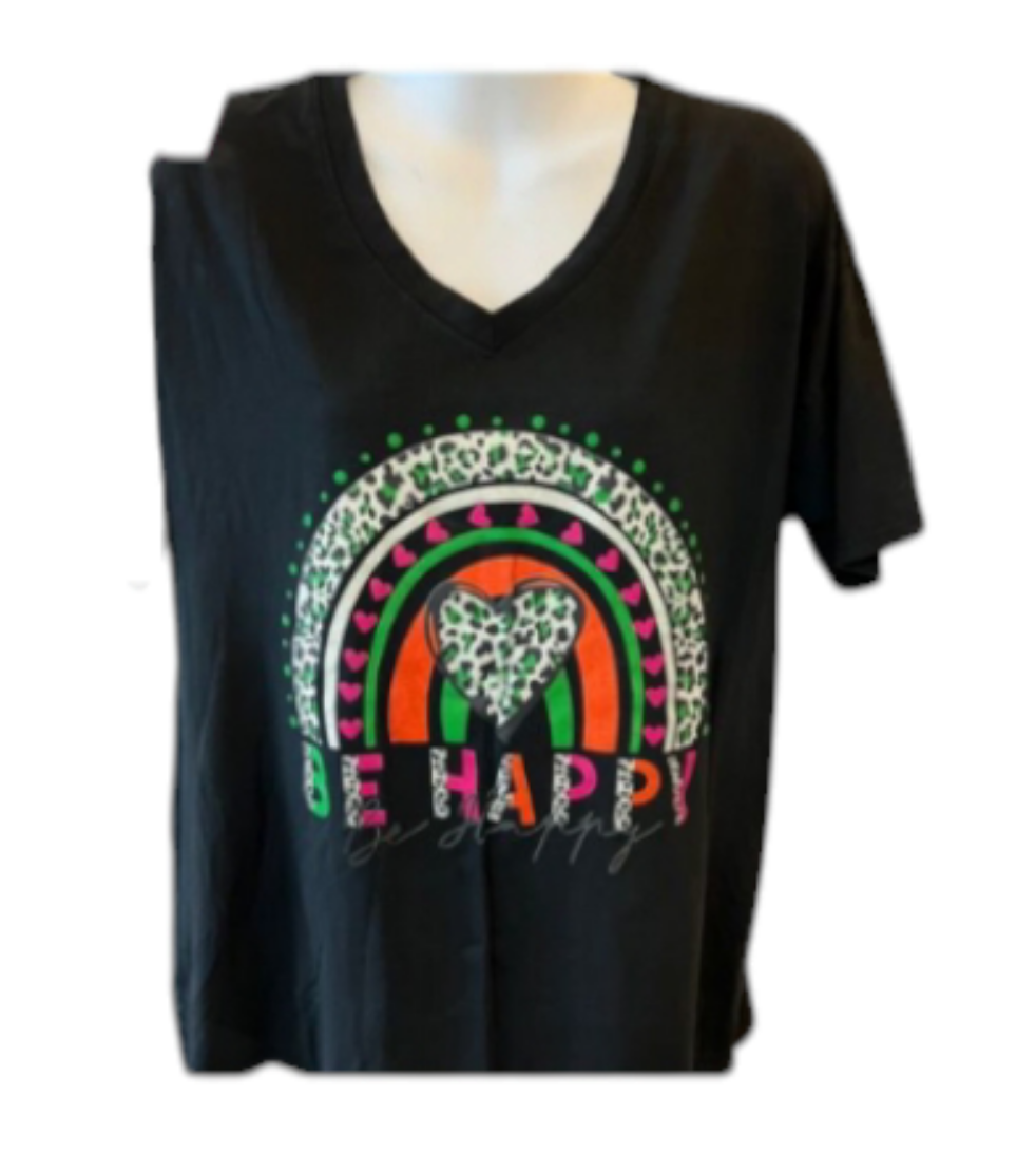 Be Happy - Zwart dames t-shirt met kleurrijke print en hartjes | Selflove collectie