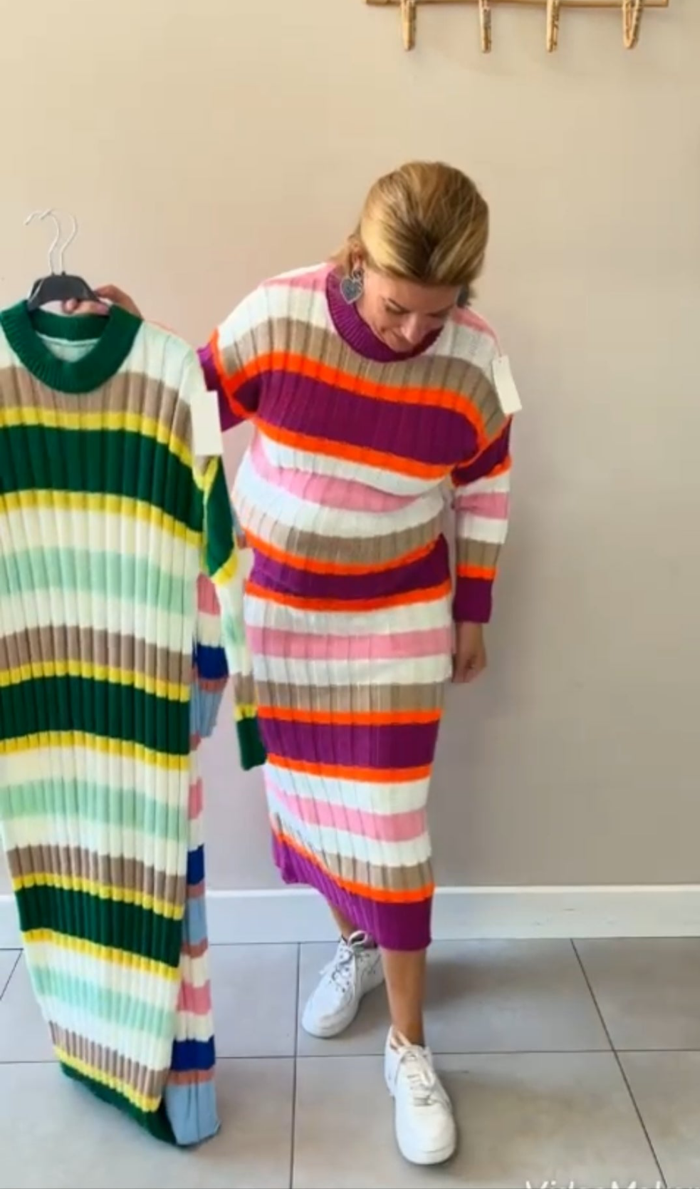 Lange trui jurk dames met vrolijke strepen - Magenta