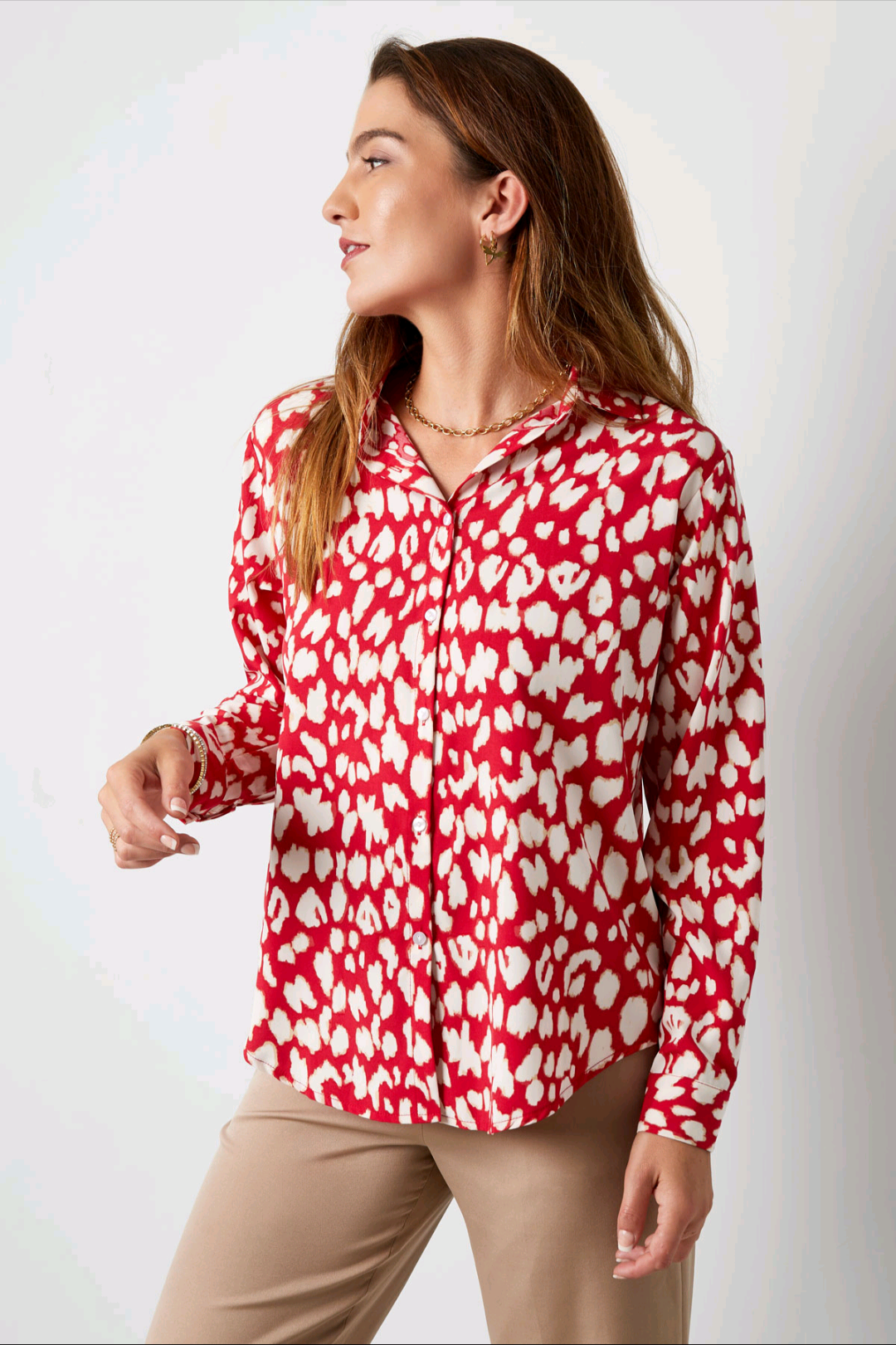 Lynn - Rode dames blouse panterprint met lange mouwen | Animal collectie