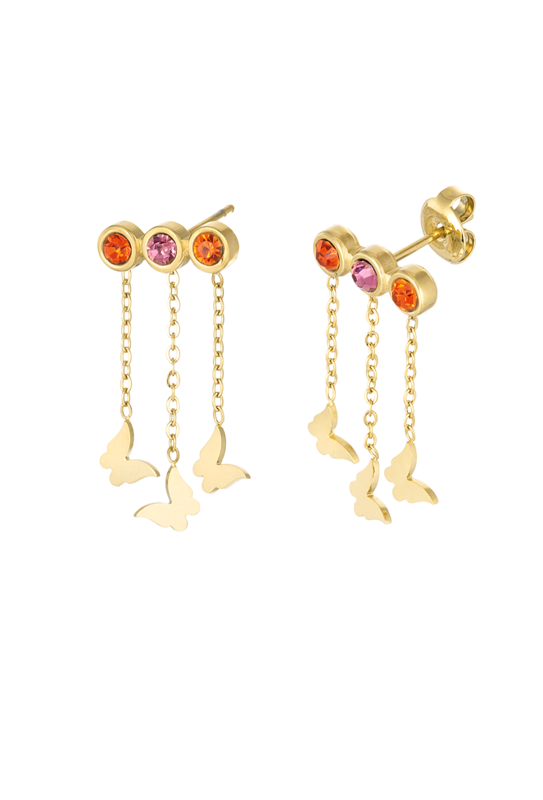 RVS gouden dames oorbellen vlindertjes en steentjes - Oranje/ Paars| Animal collectie