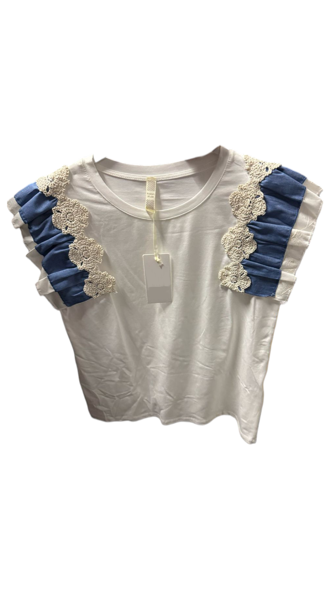 Denim detail dames top met ruffles - Wit | Jeans & Chic collectie