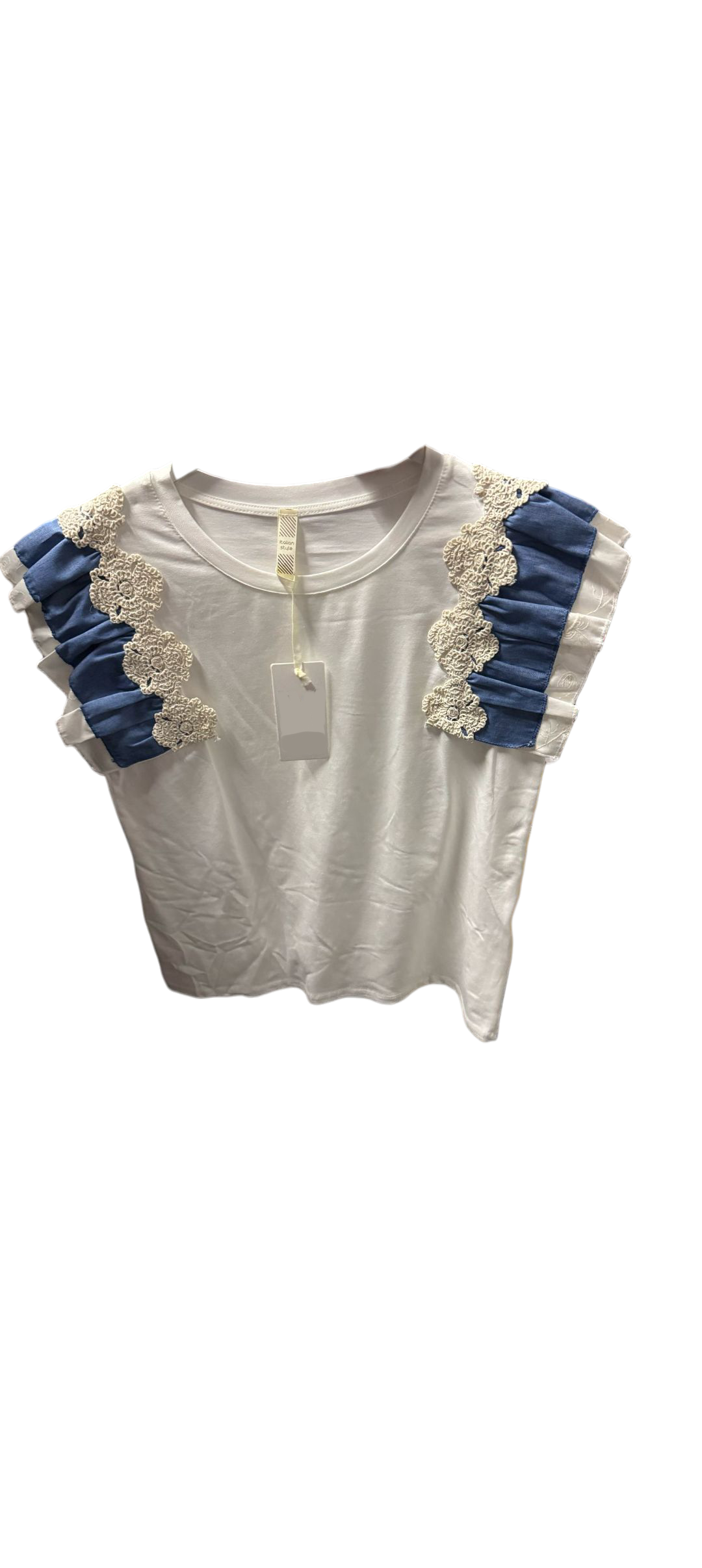 Denim detail dames top met ruffles - Wit | Jeans & Chic collectie