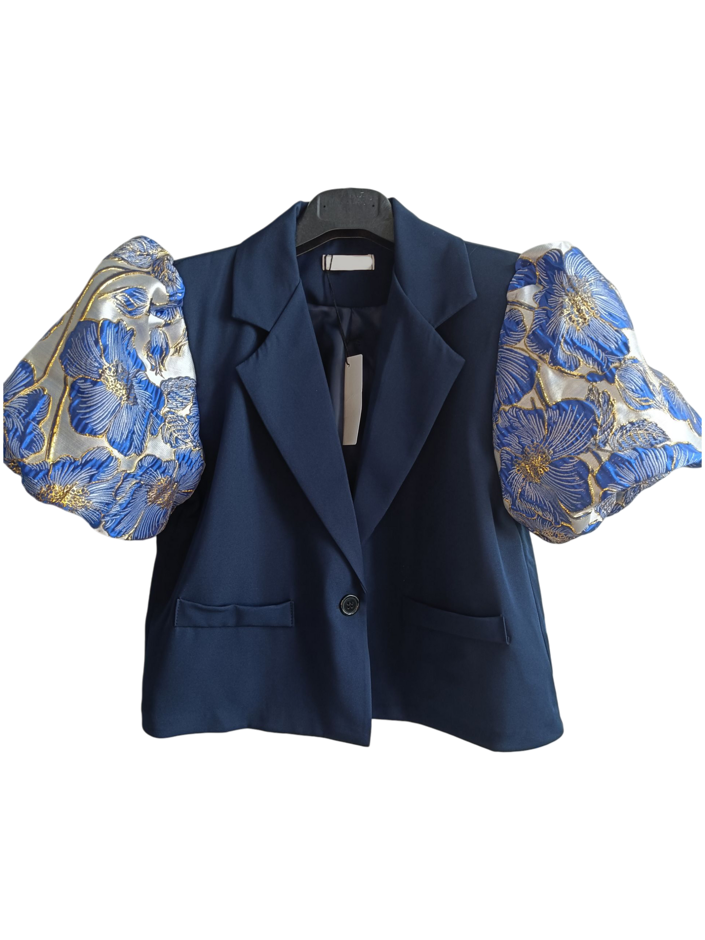 Korte blazer Jaquard mouwen - marineblauw, met blauwe bloemen op de pofmouwen (clear)