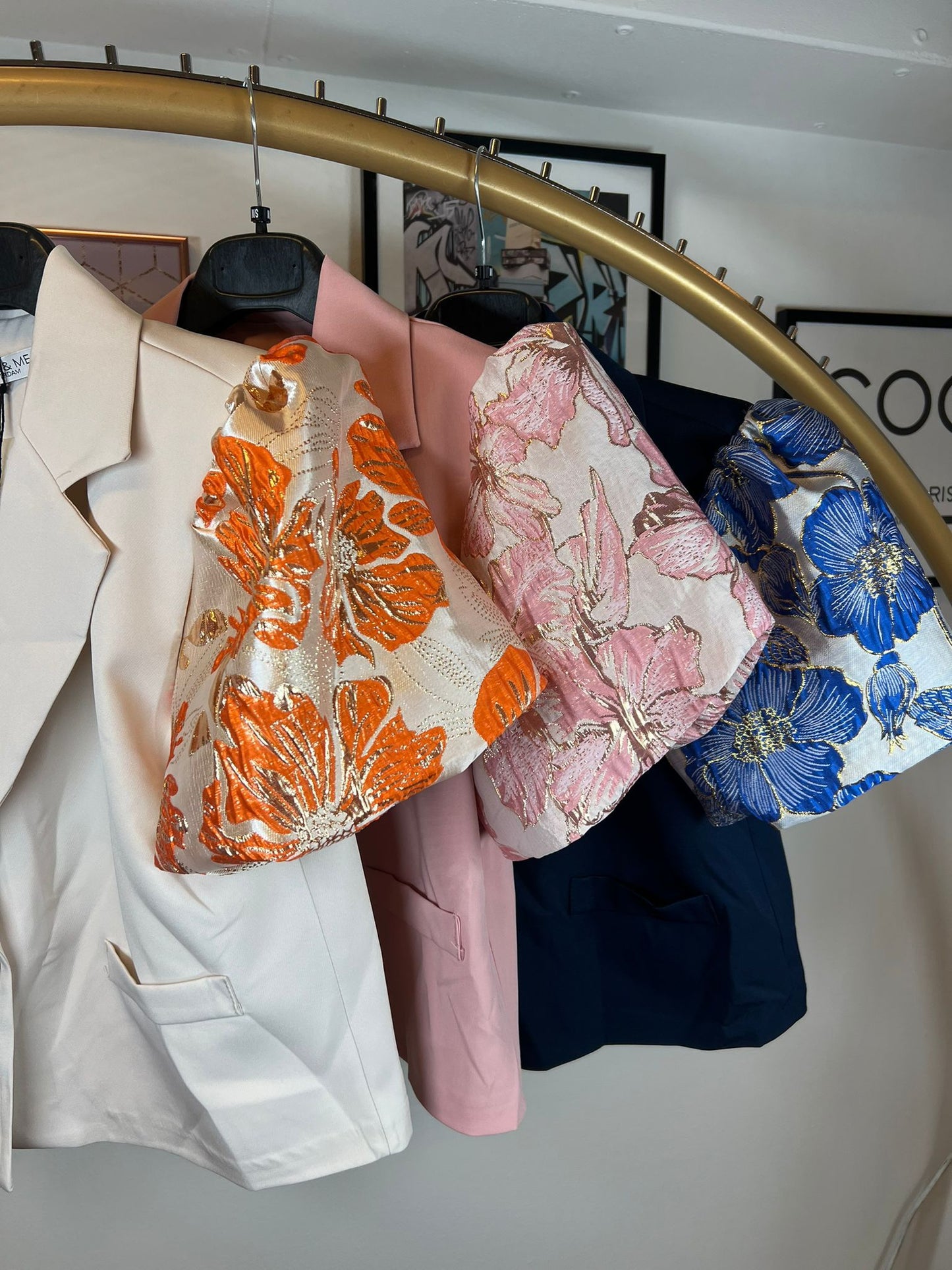 Korte blazer Jaquard mouwen - beige, roze, blauw
