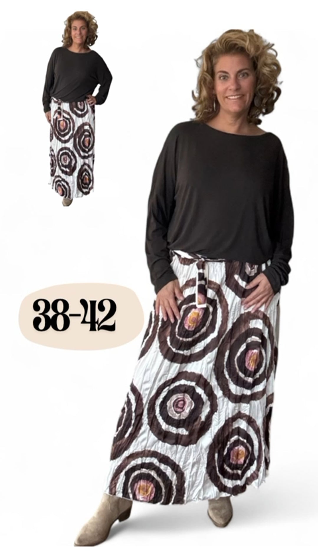 Lange plissé rok dames; Swirl - Gebroken Wit/ Bruin | Fall4me collectie 2.0