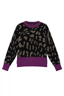 Panterprint trui dames - Zwart/ beige met paarse boorden - maat L/XL