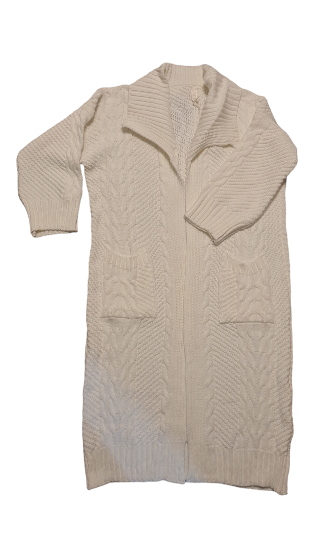Ziva; Lang Gebreid Kabelvest dames met zakken - Beige.