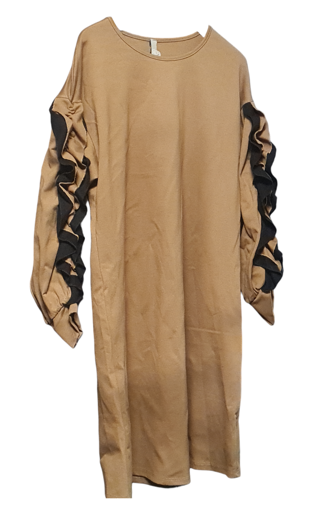 Eviana; Dames Jurk/ Tuniek met ruffels op de mouwen - Camel kleur