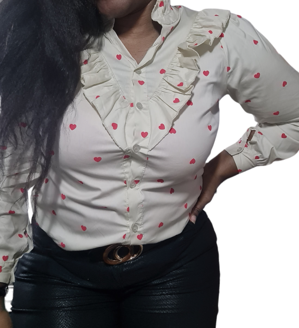 Lovely - Beige dames blouse met hartjes