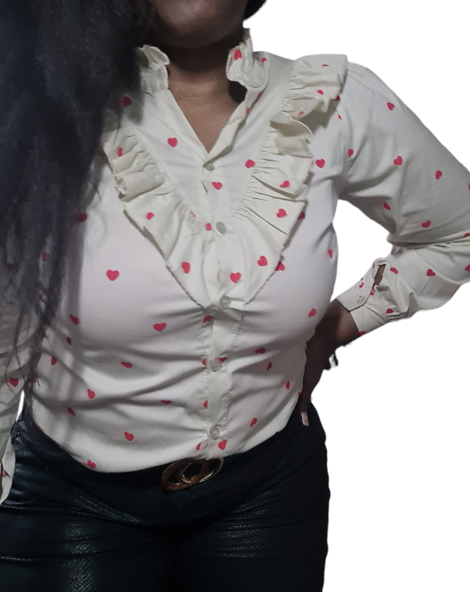 Lovely - Beige dames blouse met hartjes