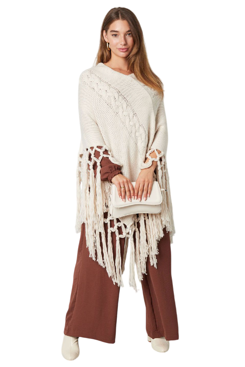 Luna - Beige gebreide dames poncho met slierten | Selflove collectie