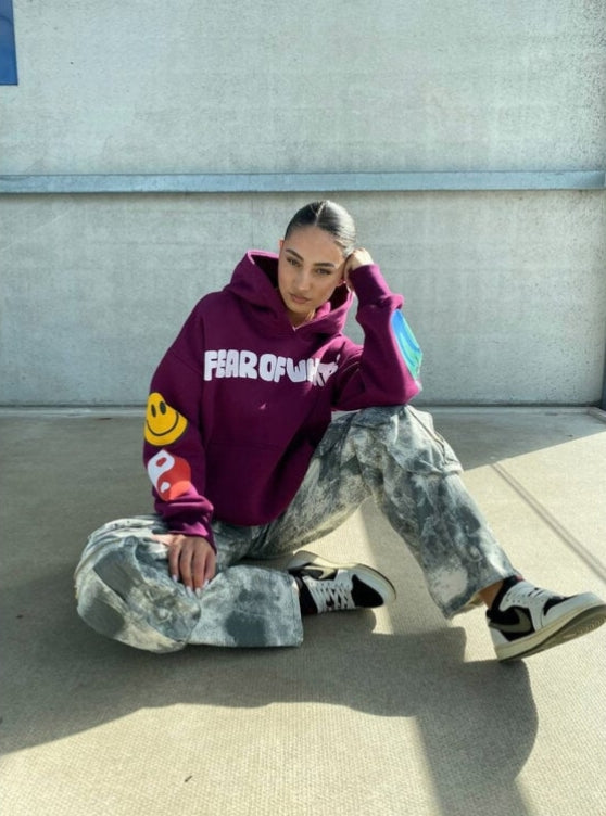 Priority hoodie: Fear of what hoodie -Multiple puff print - Bordeaux
