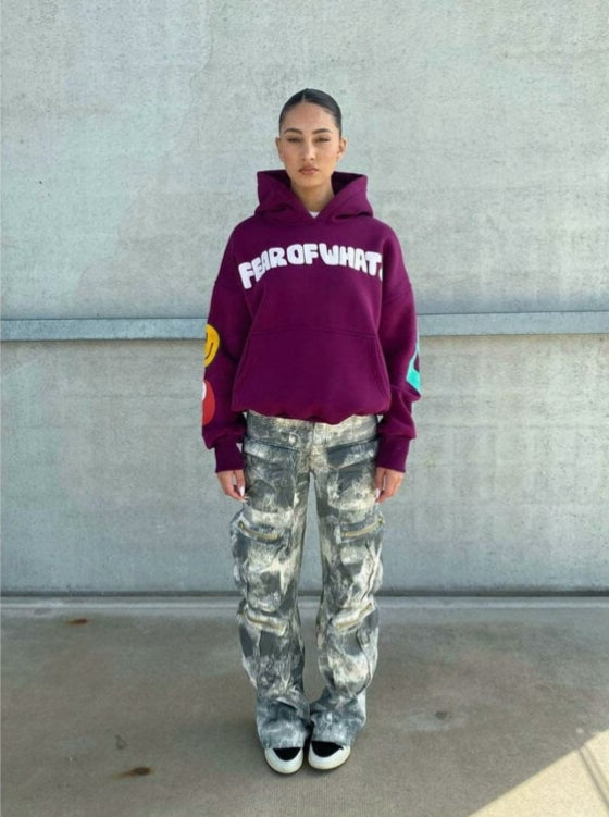 Priority hoodie: Fear of what hoodie -Multiple puff print - Bordeaux