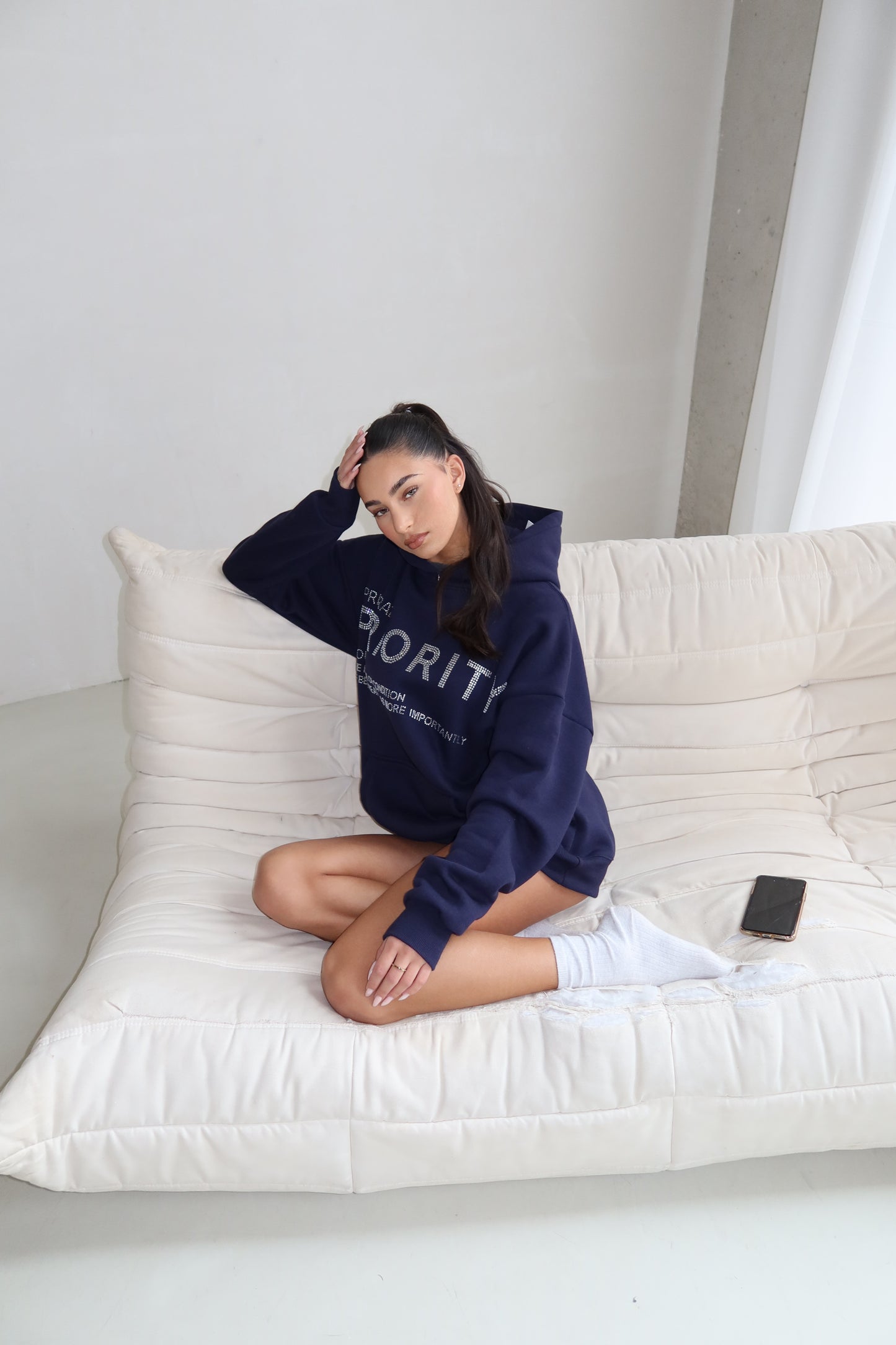 Priority hoodie: Priority strass hoodie - Marine blauw/ Midnight Blue - Priority Rhinestone hoodie