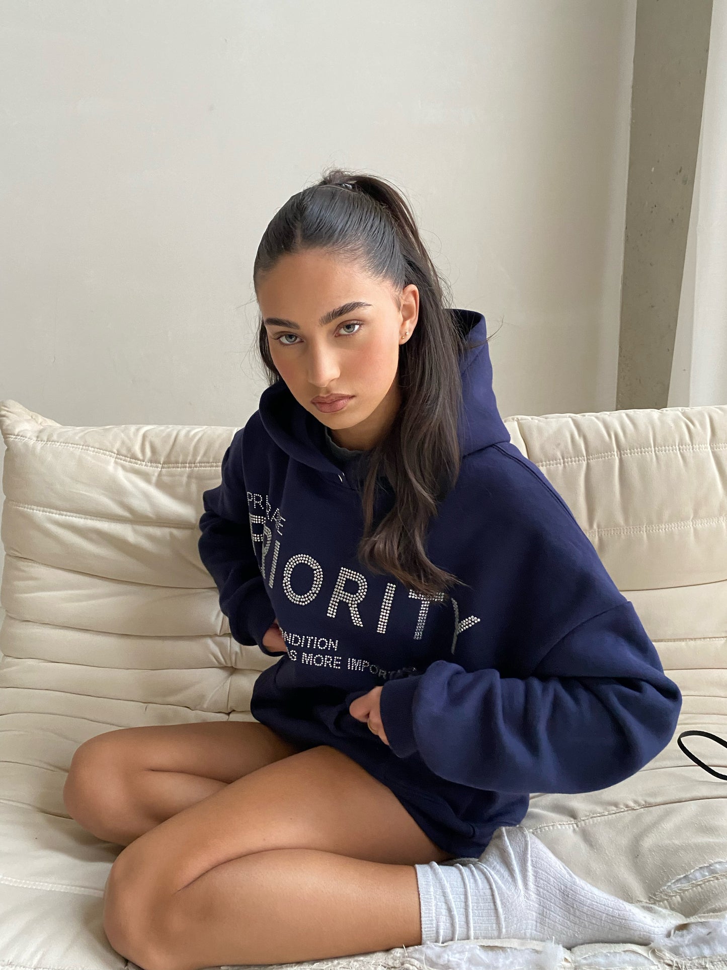 Priority hoodie: Priority strass hoodie - Marine blauw/ Midnight Blue - Priority Rhinestone hoodie