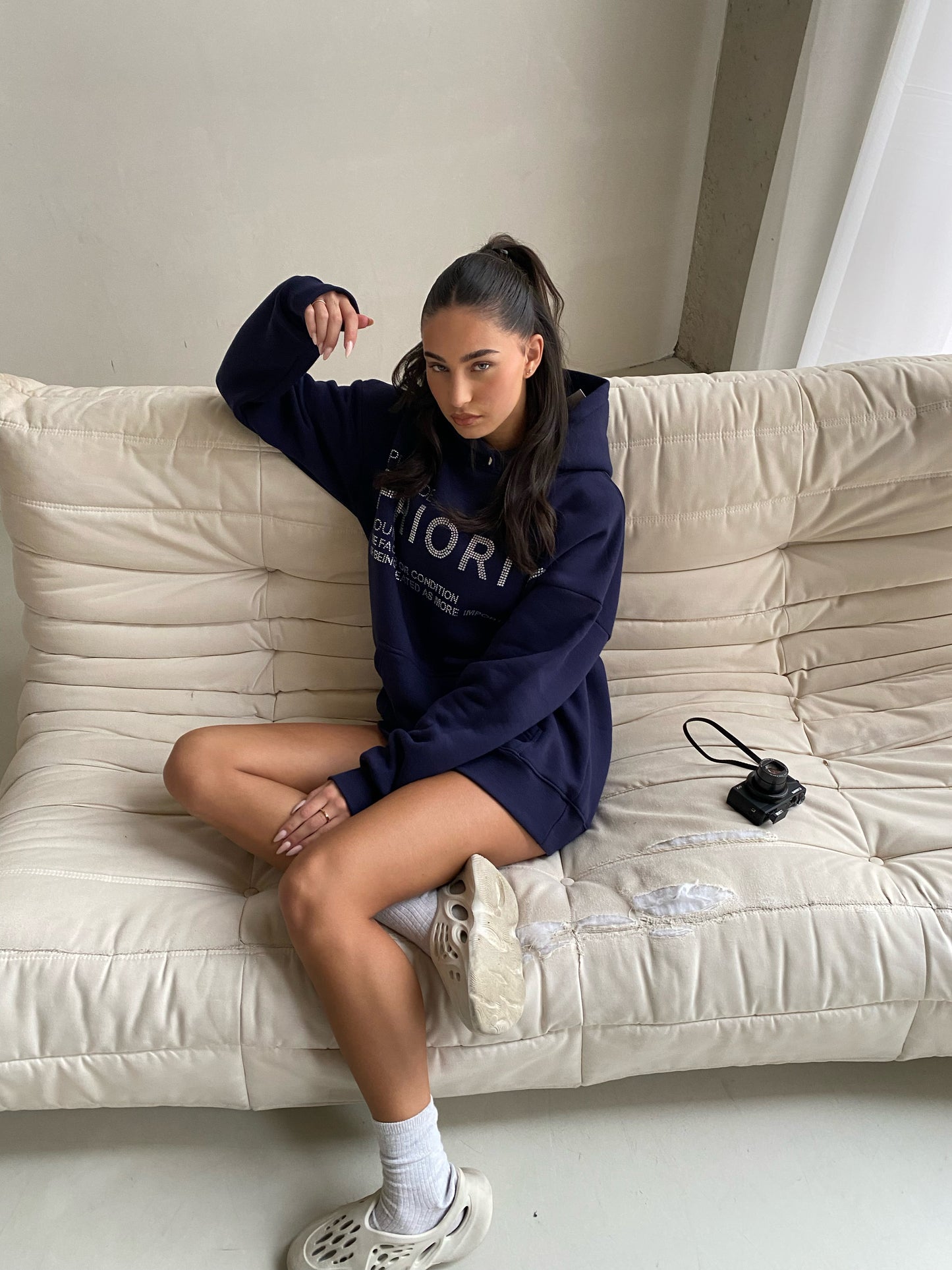 Priority hoodie: Priority strass hoodie - Marine blauw/ Midnight Blue - Priority Rhinestone hoodie