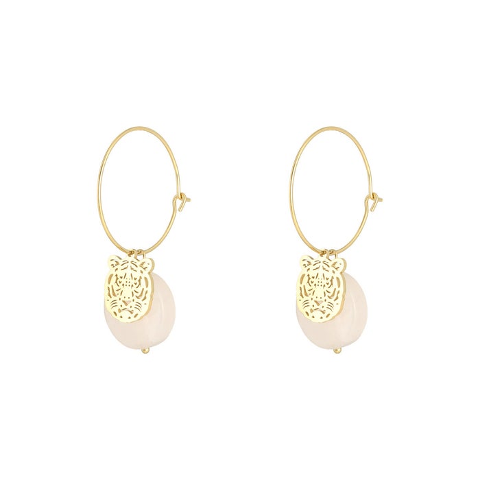 RVS gouden dames oorbellen met tijgerhoofd en edelsteen - licht roze| Animal collectie