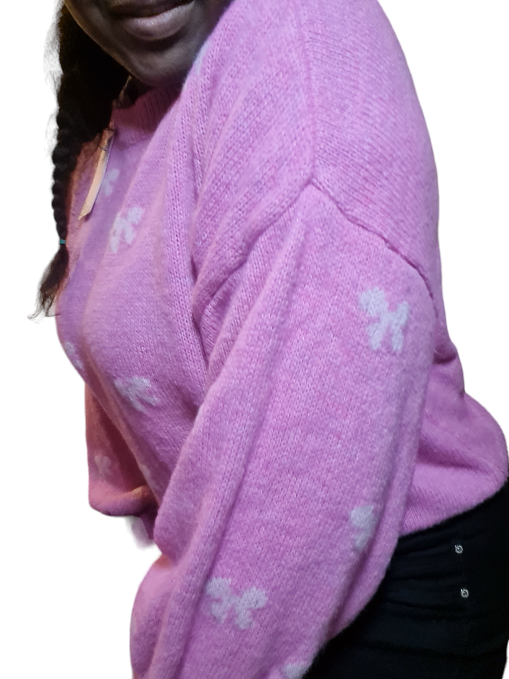 Roze trui met lichtroze strikjes