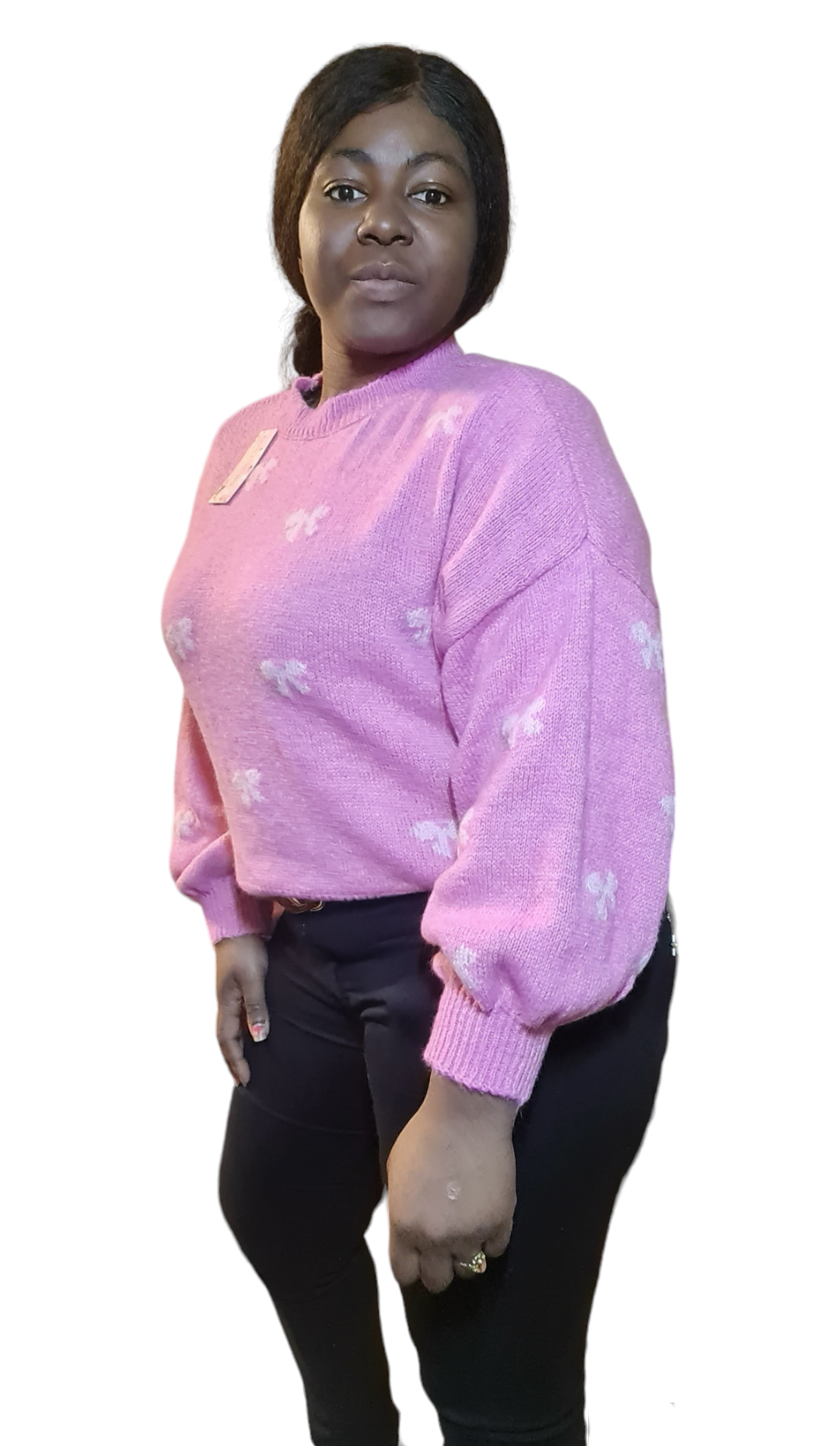 Roze trui met lichtroze strikjes