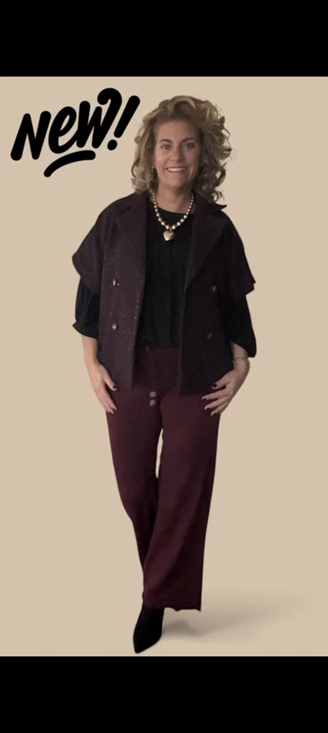 Korte tussenjas dames/ mouwloos vest met kleurloze lovertjes en visgraat patroon - Bordeaux | Fall4me collectie 2.0