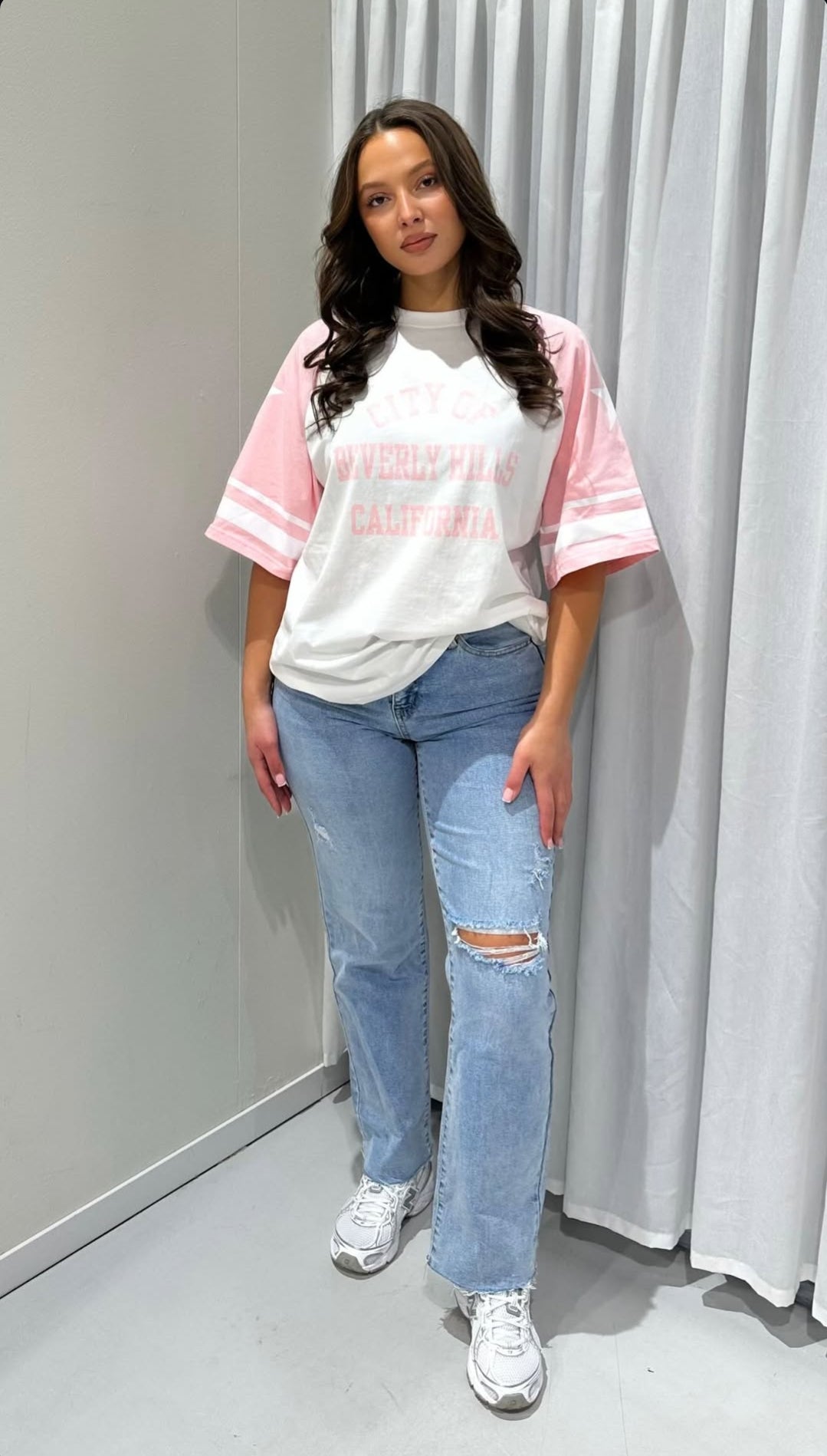 T-shirt dames t-shirt met roze opdruk; 'Beverly Hills California' - Wit/ Roze | Tee Time collectie