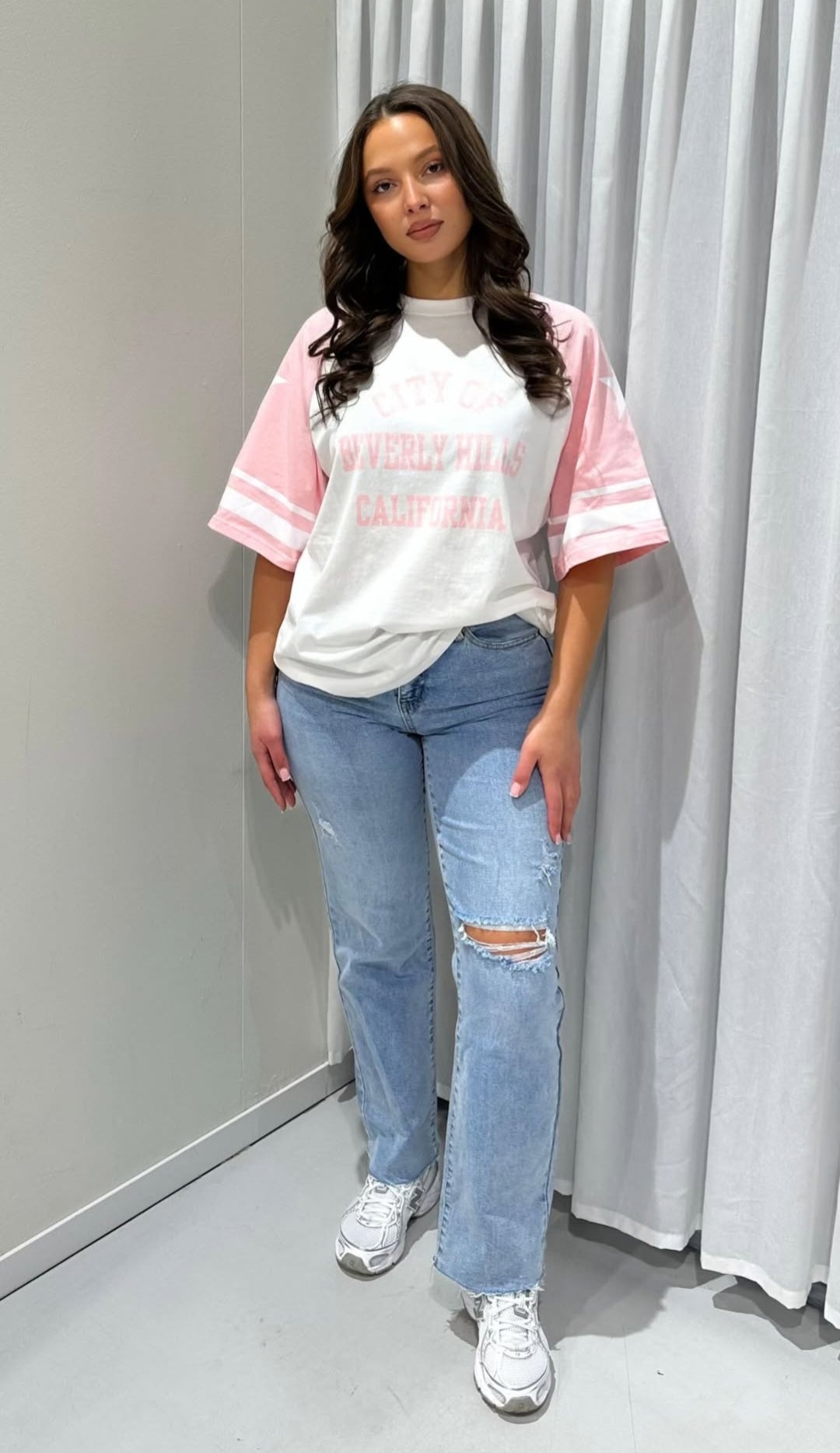 T-shirt dames t-shirt met roze opdruk; 'Beverly Hills California' - Wit/ Roze | Tee Time collectie