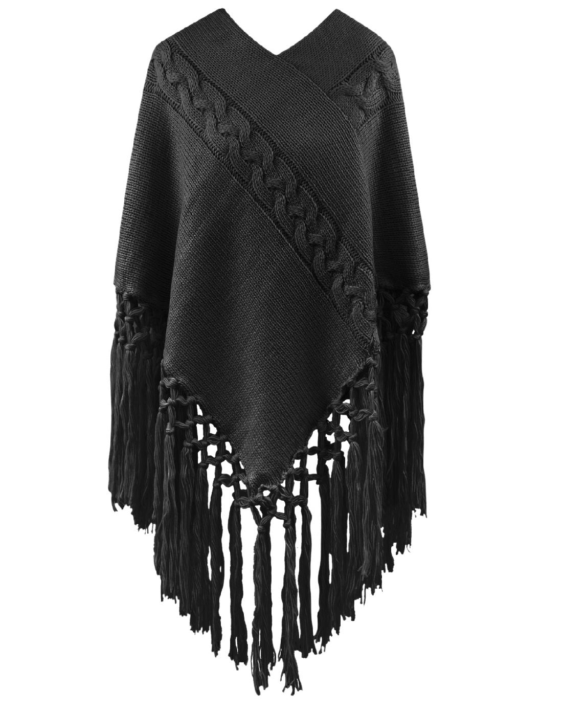 Luna - Zwarte gebreide dames poncho met slierten | Selflove collectie