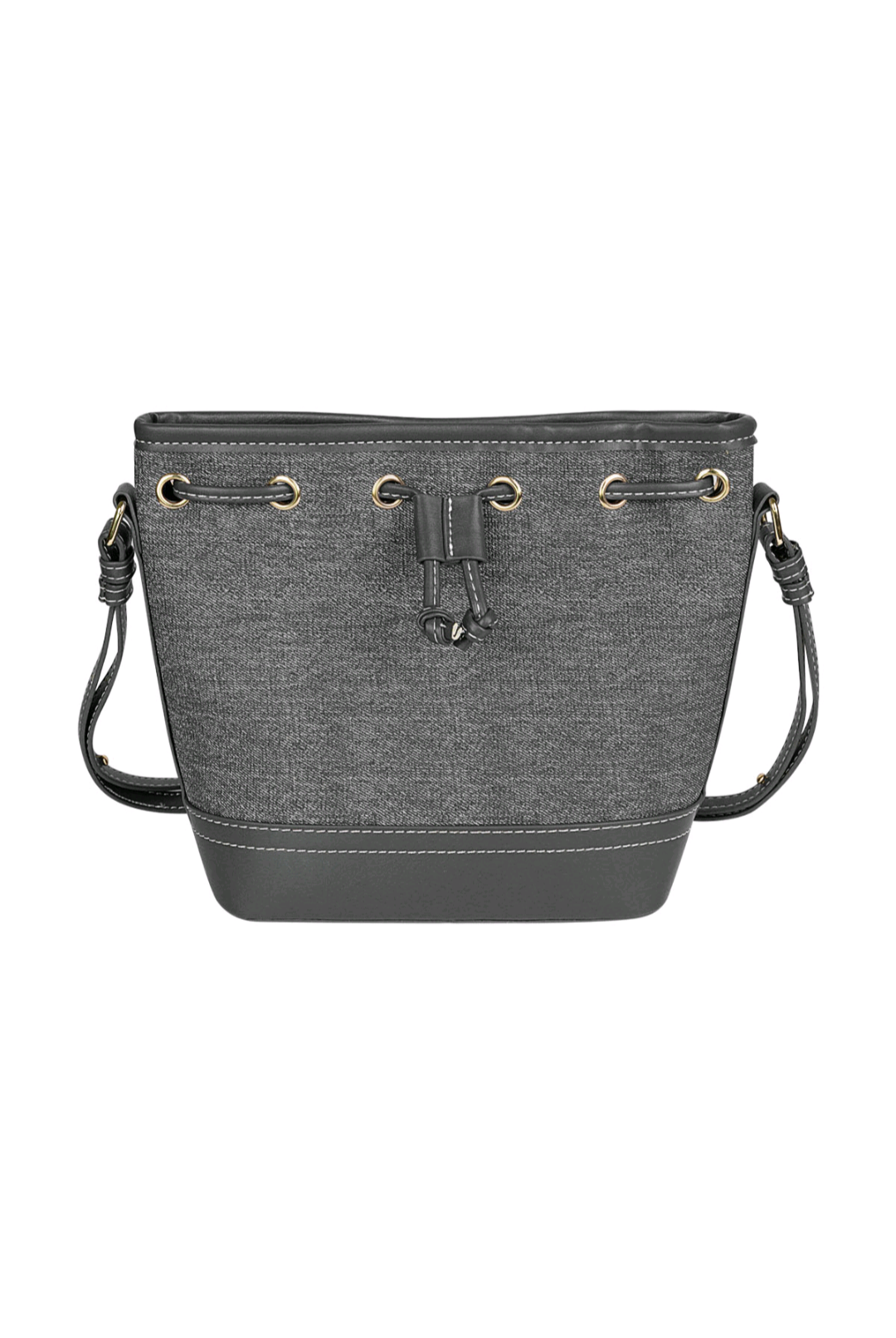 Bucketbag dames; stoere bucket bag met aantrekkoord en leatherlook details - donkergrijs denim.