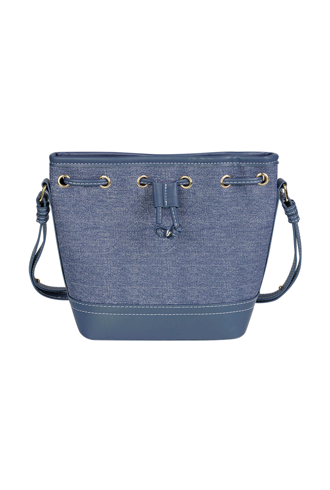Bucket bag dames; stoere bucketbag met aantrekkoord en leatherlook details - donkerblauw denim.