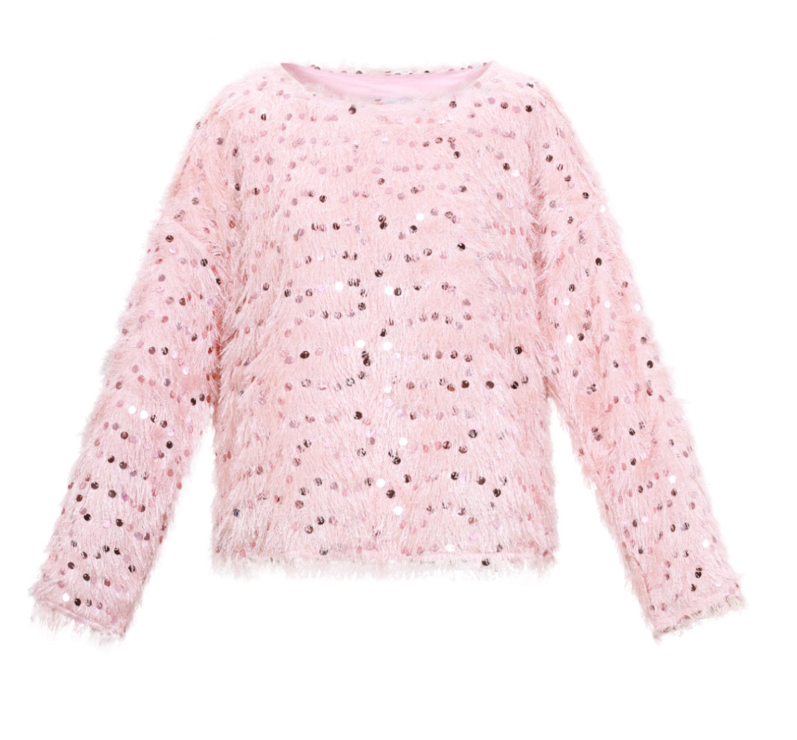 Gimme: Dames top met pailletten en lange mouwen; Festive Sparkling Top - Zwart, Roze, Gebroken Wit | Sparkle on Me collectie