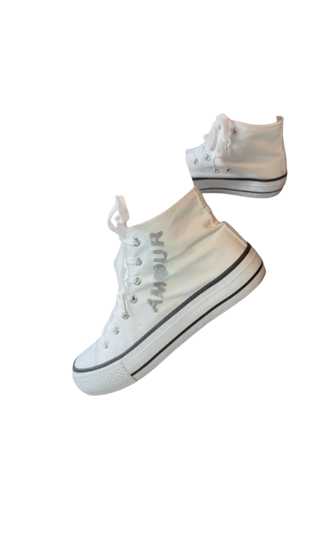 Hoge witte sneakers met grijze Teddy print; "Amour"