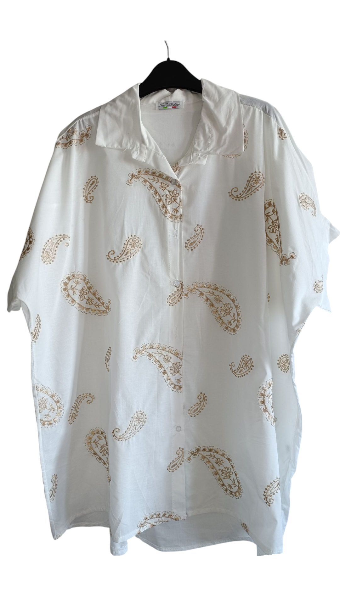 Lange damesblouse grote maat met geborduurde palmtakken - Wit (Maat 42 t/m 52) | Jeans & Chic collectie