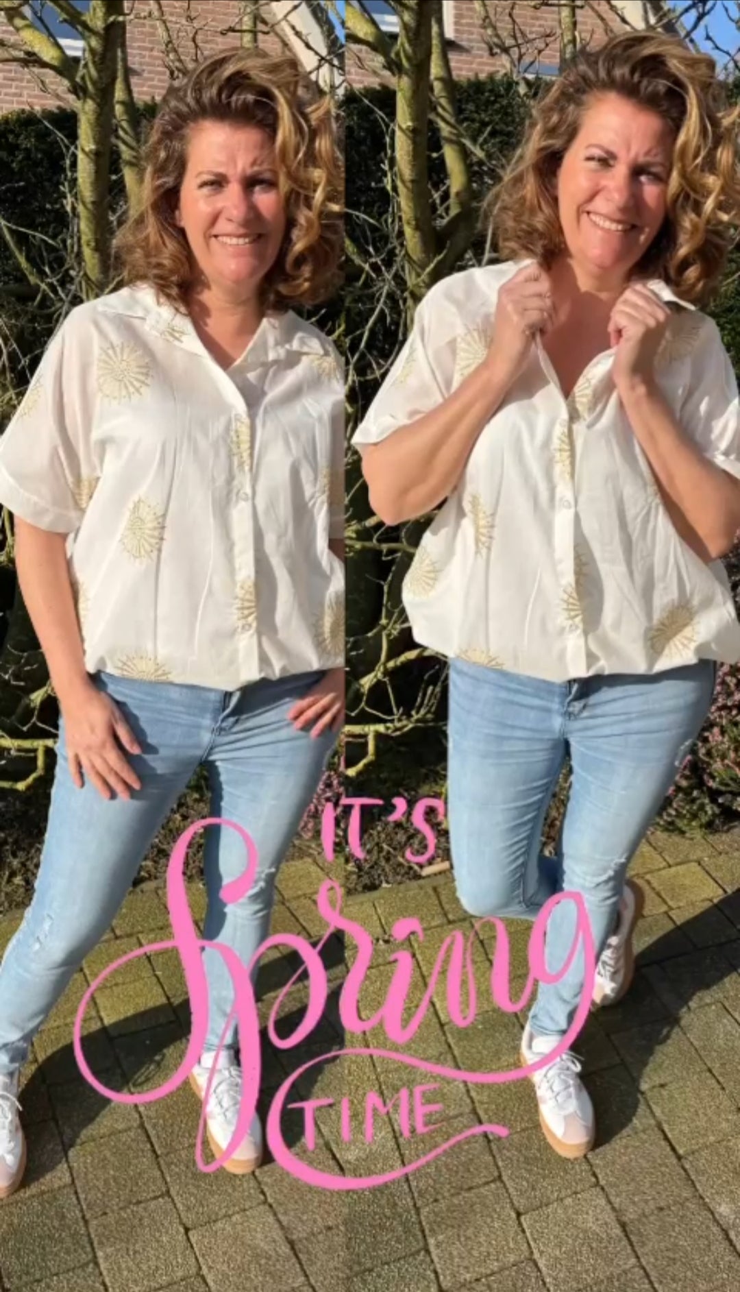 Lange damesblouse grote maat met geborduurde palmtakken - Wit (Maat 42 t/m 52) | Jeans & Chic collectie