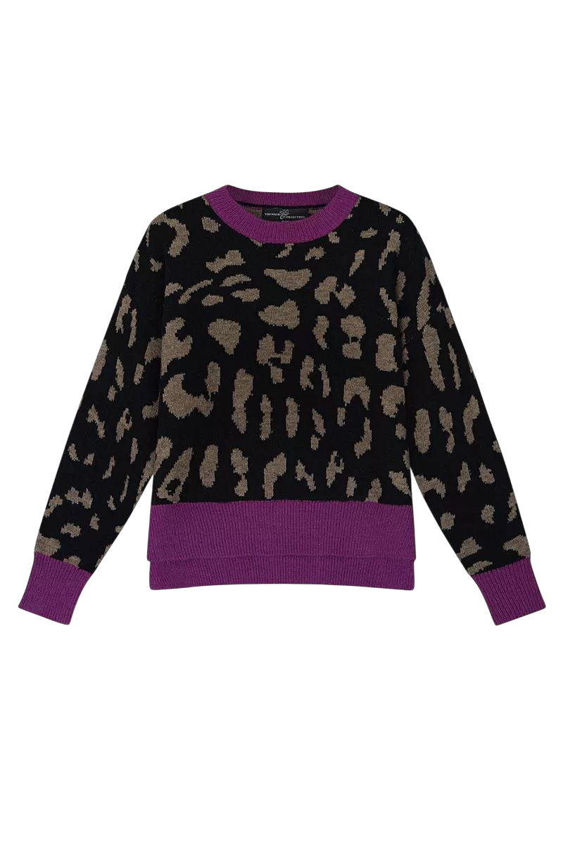 Panterprint trui dames - Zwart/ beige met paarse boorden - maat L/XL