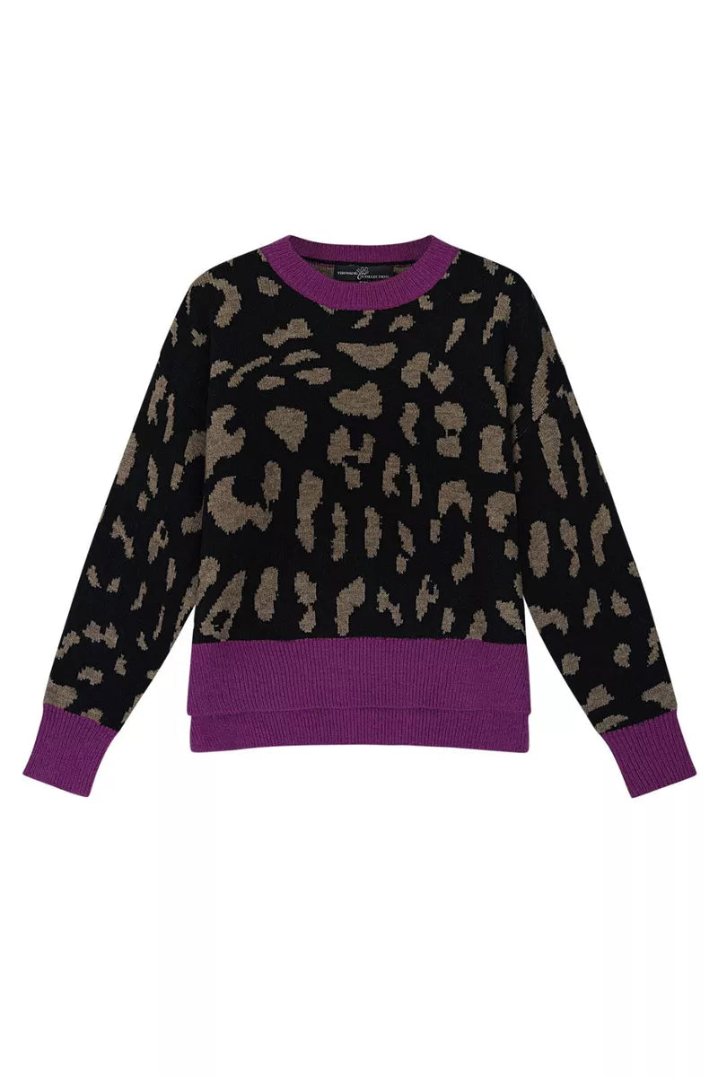 Panterprint trui dames - Zwart/ beige met paarse boorden - maat L/XL