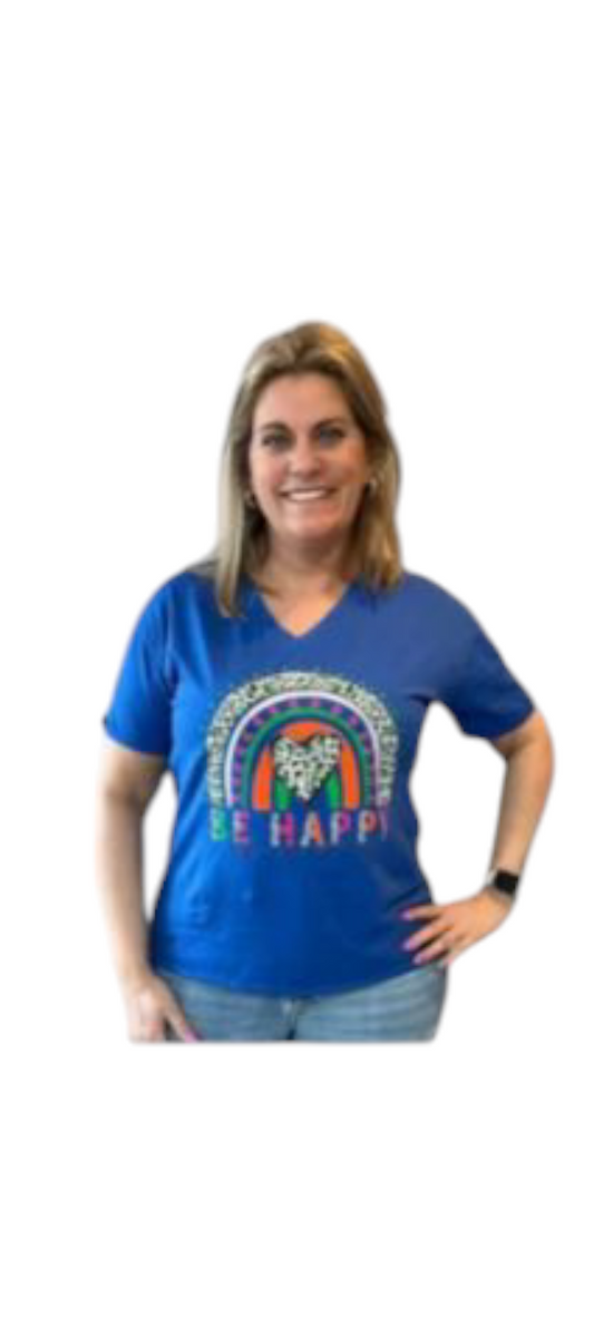 Be Happy - Blauw dames t-shirt met kleurrijke print en hartjes | Selflove collectie
