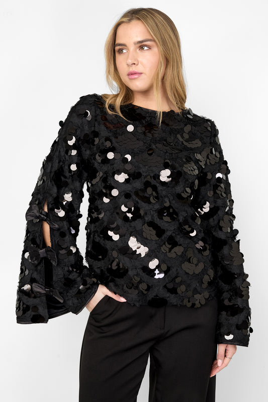 Woven Polyester Fiber Vrouwen Lange Mouwen Tops Elegant Sequins Statement
