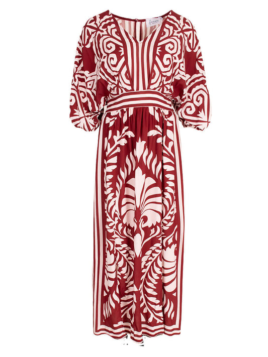 Azzurro jurk; lange viscose jurk met print - Bordeaux/ Beige
